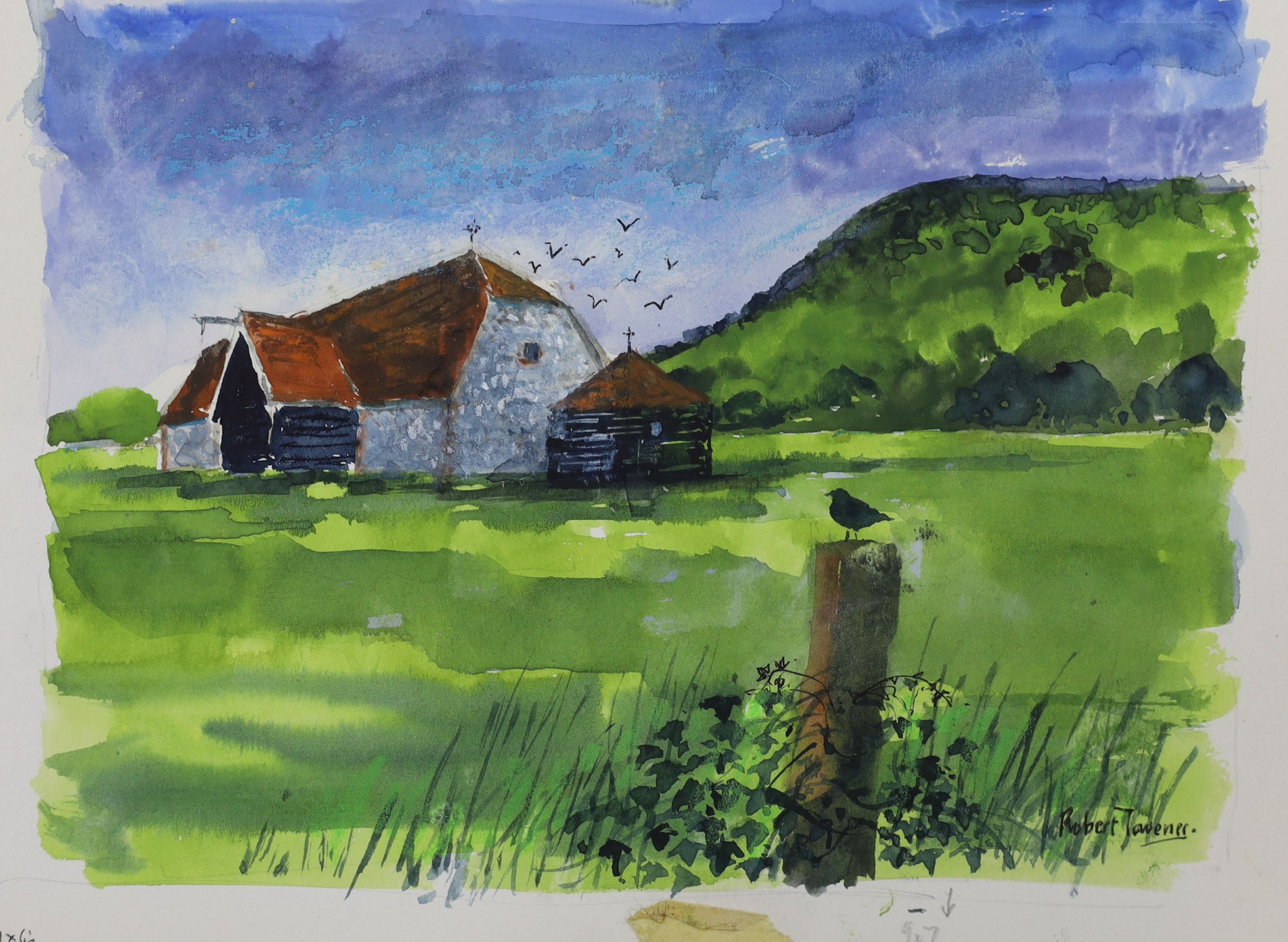 Robert Tavener (1920-2004), lithograph, 'Three Willows and Downs', signed in pencil, 47/50, 50 x 38cm and a watercolour sketch of a barn, 19 x 26cm, both unframed